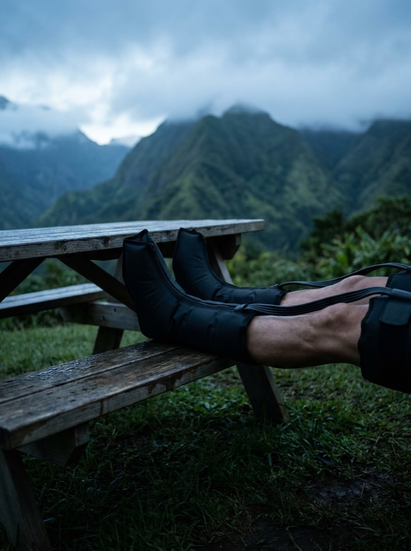 Bottes de compression face aux montagnes de La Réunion